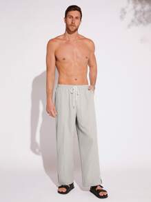 GENTILAND Men Drawstring Waist Straight Leg Trousers - Light Grey - View 3