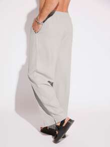 GENTILAND Men Drawstring Waist Straight Leg Trousers - Light Grey - View 5
