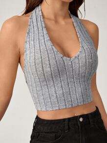 SHEIN EZwear Solid Crop Halter Top - Grey - View 1