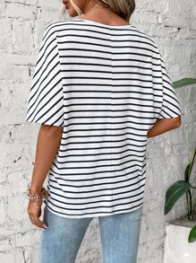 SHEIN LUNE Striped Print Batwing Sleeve Tee - Black and White - View 2