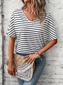SHEIN LUNE Striped Print Batwing Sleeve Tee - Black and White - View 3