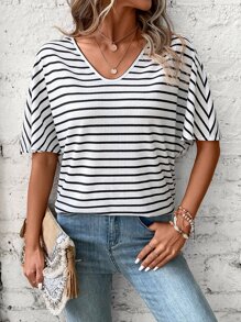 SHEIN LUNE Striped Print Batwing Sleeve Tee - Black and White - View 5