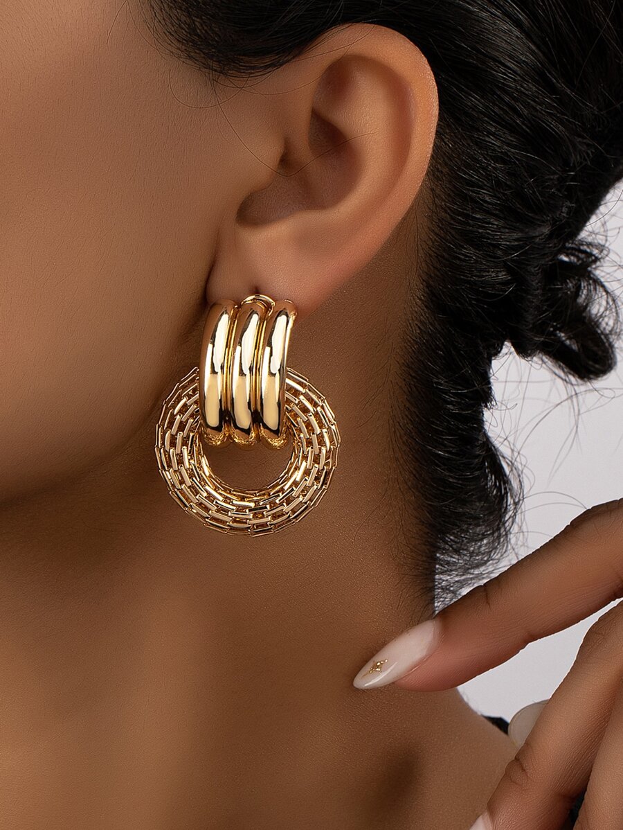 1pair Fashion Circle Decor Stud Earrings For Women For Gift - Yellow Gold - View 1