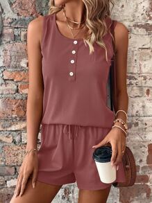 SHEIN LUNE 半排扣背心上衣和前繫帶短褲 - 乾枯玫瑰色 - 查看 1