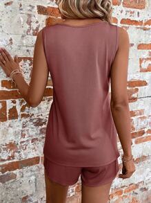 SHEIN LUNE 半排扣背心上衣和前繫帶短褲 - 乾枯玫瑰色 - 查看 2