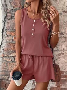 SHEIN LUNE 半排扣背心上衣和前繫帶短褲 - 乾枯玫瑰色 - 查看 4