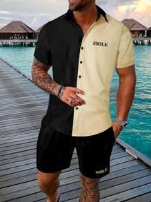 Manfinity RSRT Men Letter Graphic Two Tone Shirt & Drawstring Waist Shorts Without Tee - Multicolor - View 1