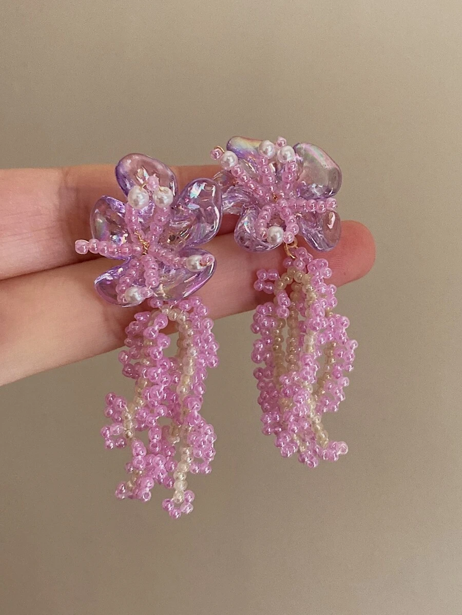 1對可愛合成樹脂珍珠和花耳墜適用於女士適用於禮品 - 粉色 - 查看 1