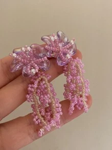 1對可愛合成樹脂珍珠和花耳墜適用於女士適用於禮品 - 粉色 - 查看 5