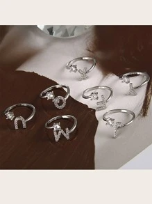 1pc Cubic Zirconia Letter Decor Ring - Silver - View 8