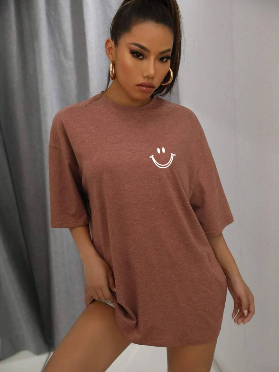SHEIN Unity 卡通圖案落肩袖超大號T恤 - 鏽棕色 - 查看 1