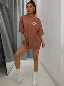 SHEIN Unity 卡通圖案落肩袖超大號T恤 - 鏽棕色 - 查看 3