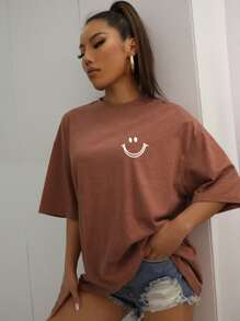 SHEIN Unity 卡通圖案落肩袖超大號T恤 - 鏽棕色 - 查看 5