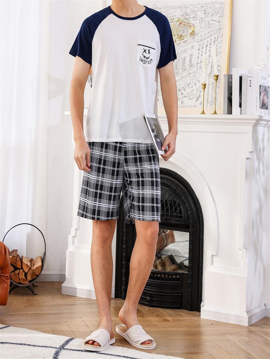 Men Letter Graphic Raglan Sleeve Sleep Tee & Plaid Shorts - Multicolor - View 1
