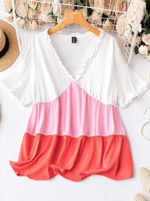SHEIN LUNE Plus Colorblock Frill Trim Peplum Tee - Multicolor - View 1