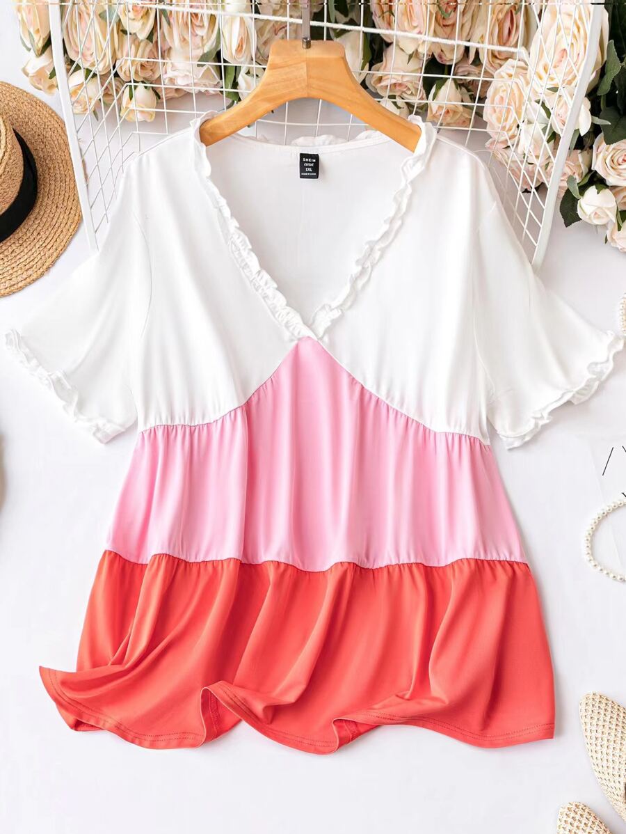 SHEIN LUNE Plus Colorblock Frill Trim Peplum Tee - Multicolor - View 1