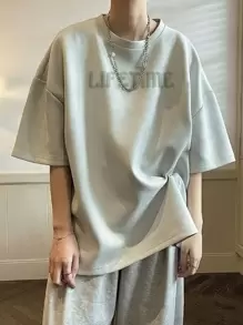 Manfinity Hypemode 男士字母圖案落肩T恤 - 淺灰色 - 查看 1