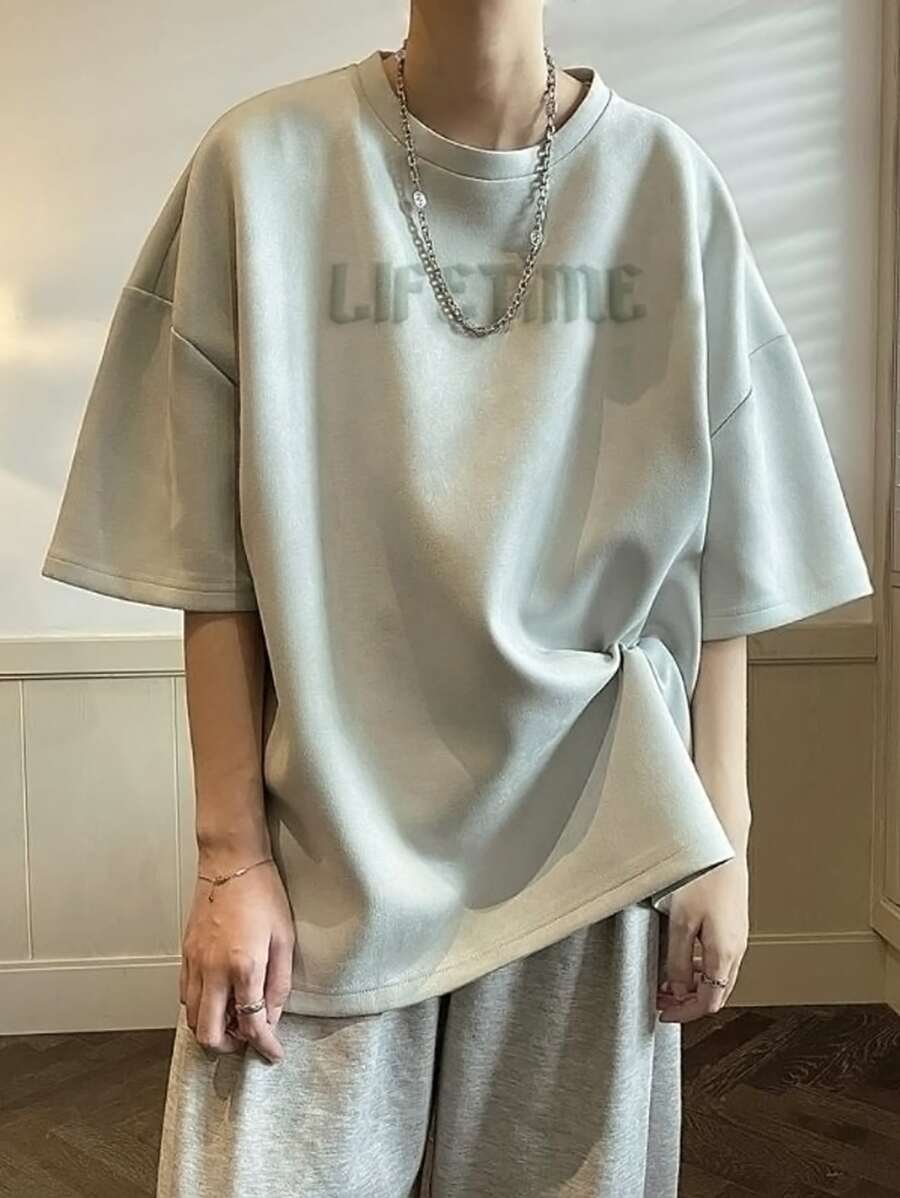 Manfinity Hypemode 男士字母圖案落肩T恤 - 淺灰色 - 查看 1