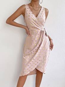 SHEIN Privé Gold Dot Print Knot Side Wrap Dress - Baby Pink - View 1
