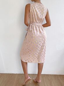 SHEIN Privé Gold Dot Print Knot Side Wrap Dress - Baby Pink - View 2