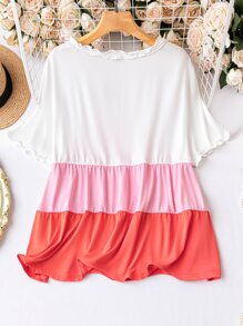 SHEIN LUNE Plus Colorblock Frill Trim Peplum Tee - Multicolor - View 2
