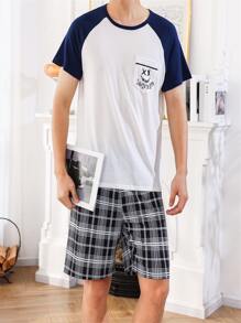 Men Letter Graphic Raglan Sleeve Sleep Tee & Plaid Shorts - Multicolor - View 5