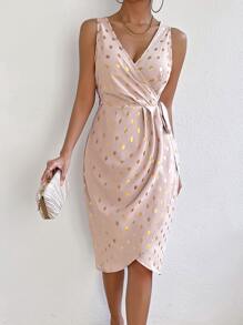 SHEIN Privé Gold Dot Print Knot Side Wrap Dress - Baby Pink - View 4
