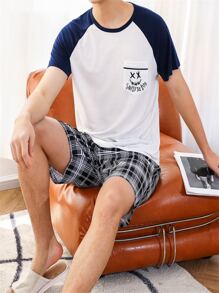 Men Letter Graphic Raglan Sleeve Sleep Tee & Plaid Shorts - Multicolor - View 6