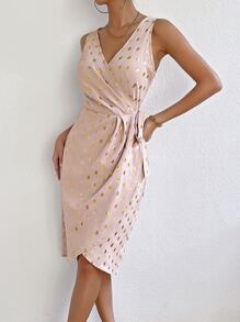 SHEIN Privé Gold Dot Print Knot Side Wrap Dress - Baby Pink - View 6