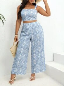 SHEIN VCAY Plus Allover Print Knot Shoulder Cami Top & Wide Leg Trousers - Blue and White - View 1