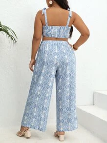 SHEIN VCAY Plus Allover Print Knot Shoulder Cami Top & Wide Leg Trousers - Blue and White - View 2