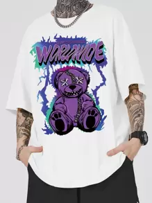 ROMWE MEN Street Life Camiseta Y2k de hombros caídos con gráfico de oso y letra para hombre - Blanco - Ver 1