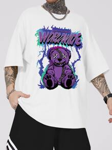 ROMWE MEN Street Life Camiseta Y2k de hombros caídos con gráfico de oso y letra para hombre - Blanco - Ver 3