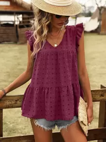 SHEIN VCAY 圓點荷葉邊娃娃裝襯衫 - 紫色 - 查看 3