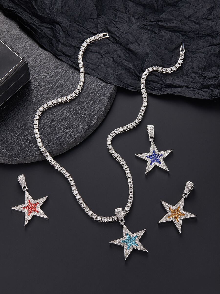 1pc Hip-Hop Tennis Chain Men's Colorful Rhinestones Stars Cool Punk Pendant Necklace - Multicolor - View 1
