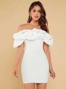 SHEIN Belle Đầm Ruffle phóng đại màu trơn Buổi tiệc - trắng - Xem 1