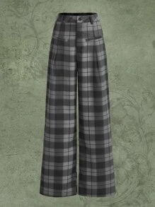 ROMWE Fairycore Quần nữ Nút Túi Dây kéo Sọc ca rô Giải trí - Xám - Xem 1