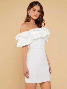 SHEIN Belle Đầm Ruffle phóng đại màu trơn Buổi tiệc - trắng - Xem 3