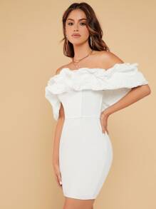 SHEIN Belle Đầm Ruffle phóng đại màu trơn Buổi tiệc - trắng - Xem 5