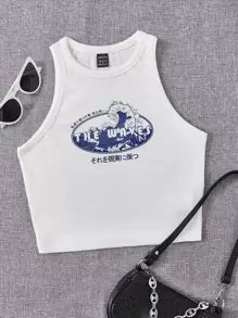 SHEIN EZwear Rib-Knit Grafisk Brev Enkel Kvinnor Linnen - Vitt - Visa 1