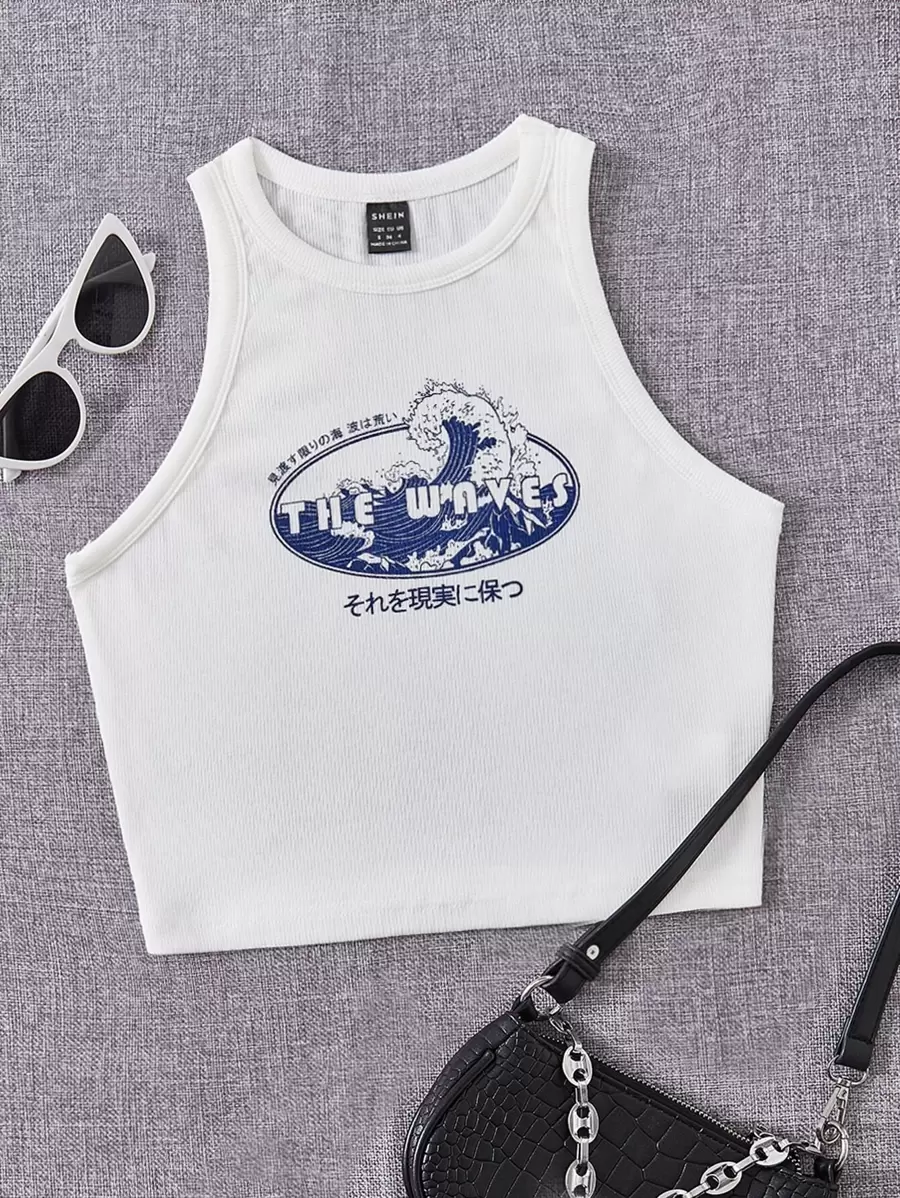 SHEIN EZwear Rib-Knit Grafisk Brev Enkel Kvinnor Linnen - Vitt - Visa 1