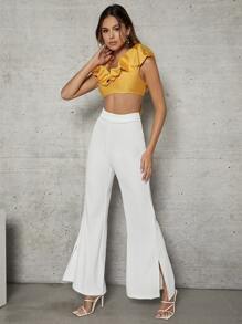 SHEIN BAE Ruffle Trim Crop Top - Mustard Yellow - View 3
