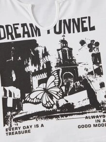 SHEIN EZwear Áo thun nữ Lá thư Loại bướm Giải trí - trắng - Xem 4