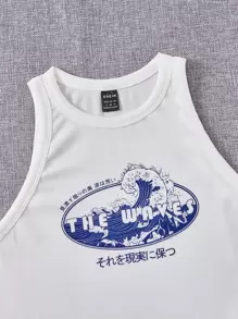 SHEIN EZwear Rib-Knit Grafisk Brev Enkel Kvinnor Linnen - Vitt - Visa 3