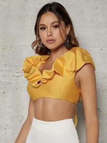 SHEIN BAE Ruffle Trim Crop Top - Mustard Yellow - View 4