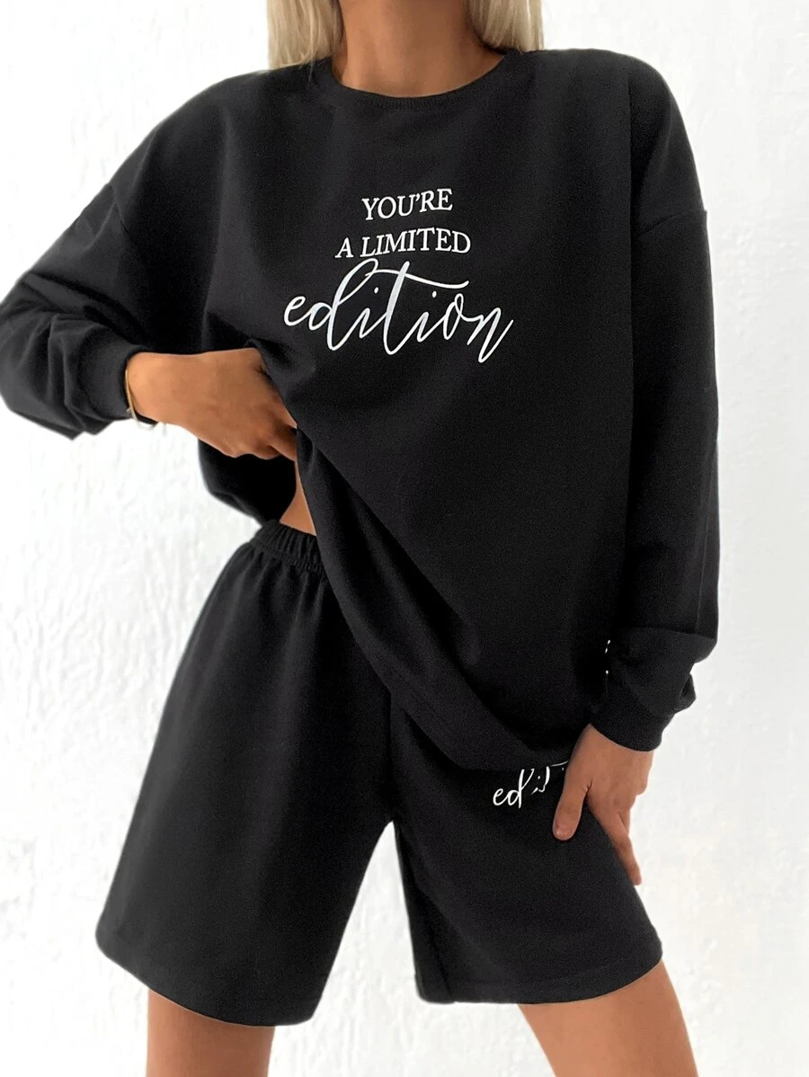 EURMUSE Slogan Graphic Drop Shoulder Sweatshirt & Shorts - Black - View 1