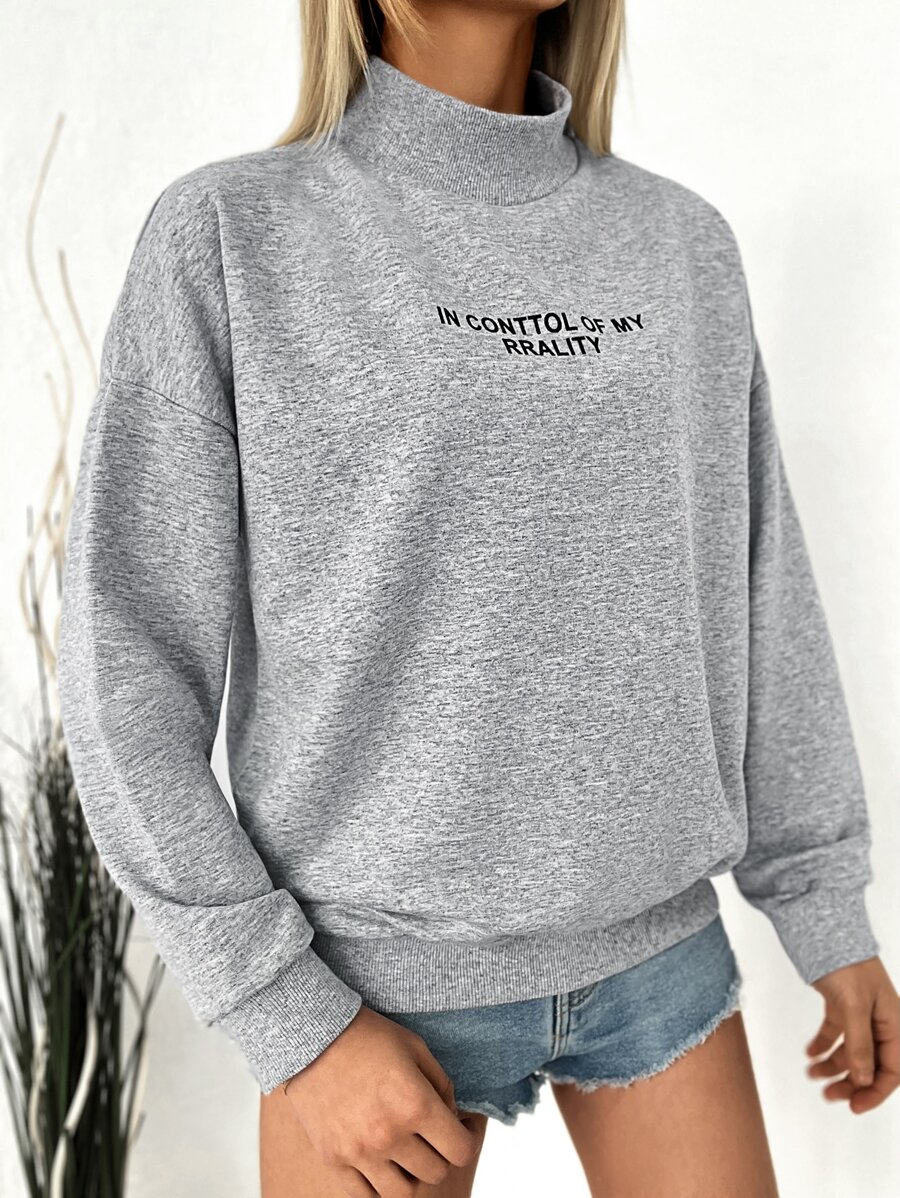 RueChic Slogan Print Stand Neck Drop Shoulder Sweatshirt - Grey - View 1