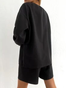 EURMUSE Slogan Graphic Drop Shoulder Sweatshirt & Shorts - Black - View 2