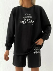EURMUSE Slogan Graphic Drop Shoulder Sweatshirt & Shorts - Black - View 3