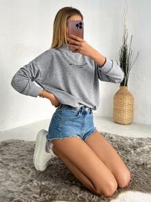 RueChic Slogan Print Stand Neck Drop Shoulder Sweatshirt - Grey - View 3